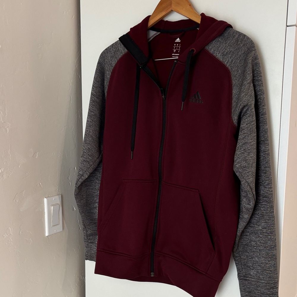 Adidas Men's Maroon and Charcoal Zip-Up S Hoodie